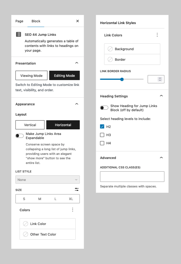 The Sidebar controls for the Jump Links Block.