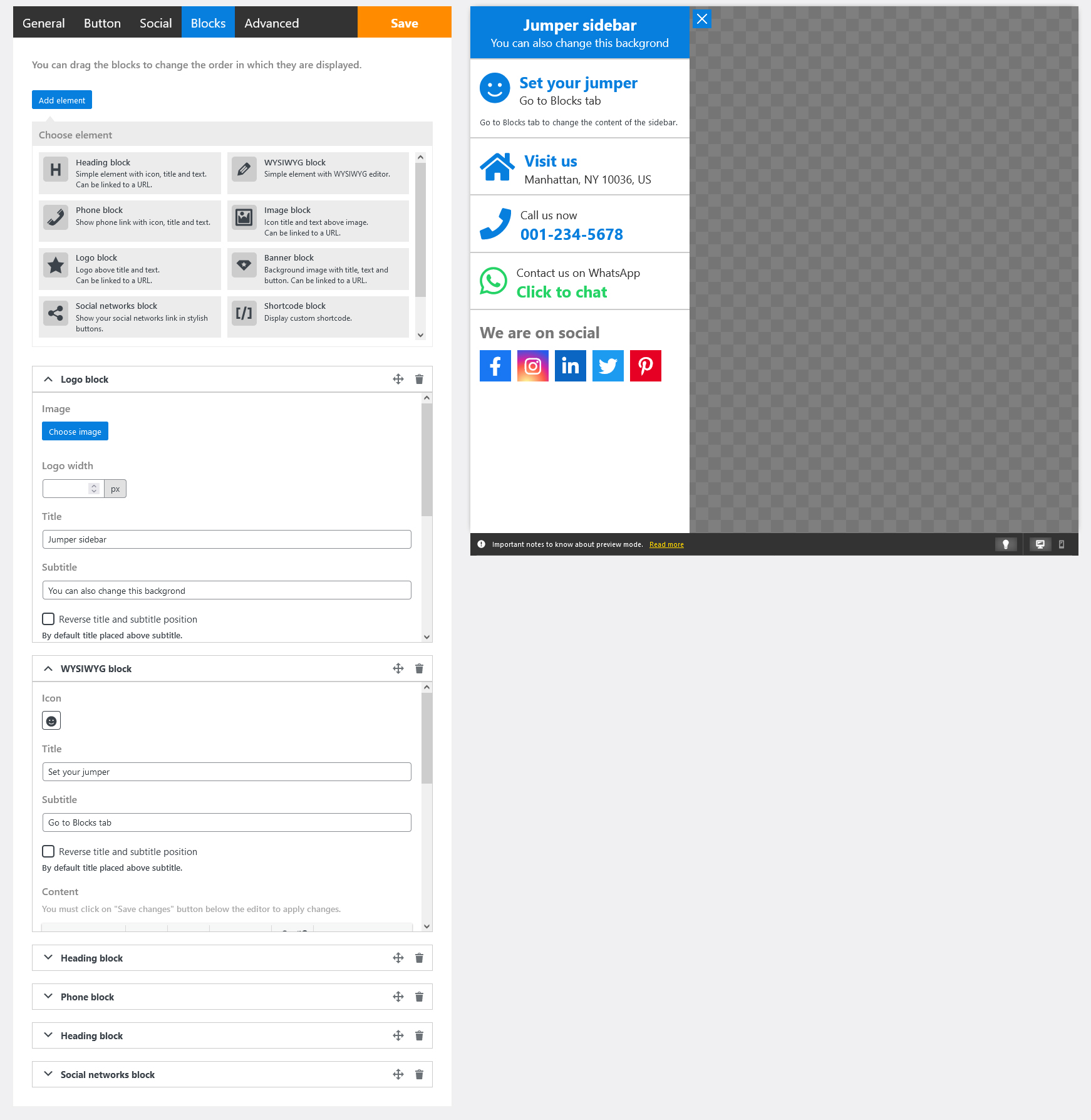 Blocks manager screen
