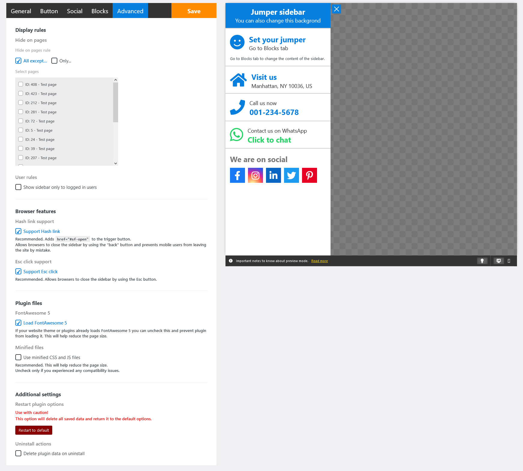 Advanced options screen