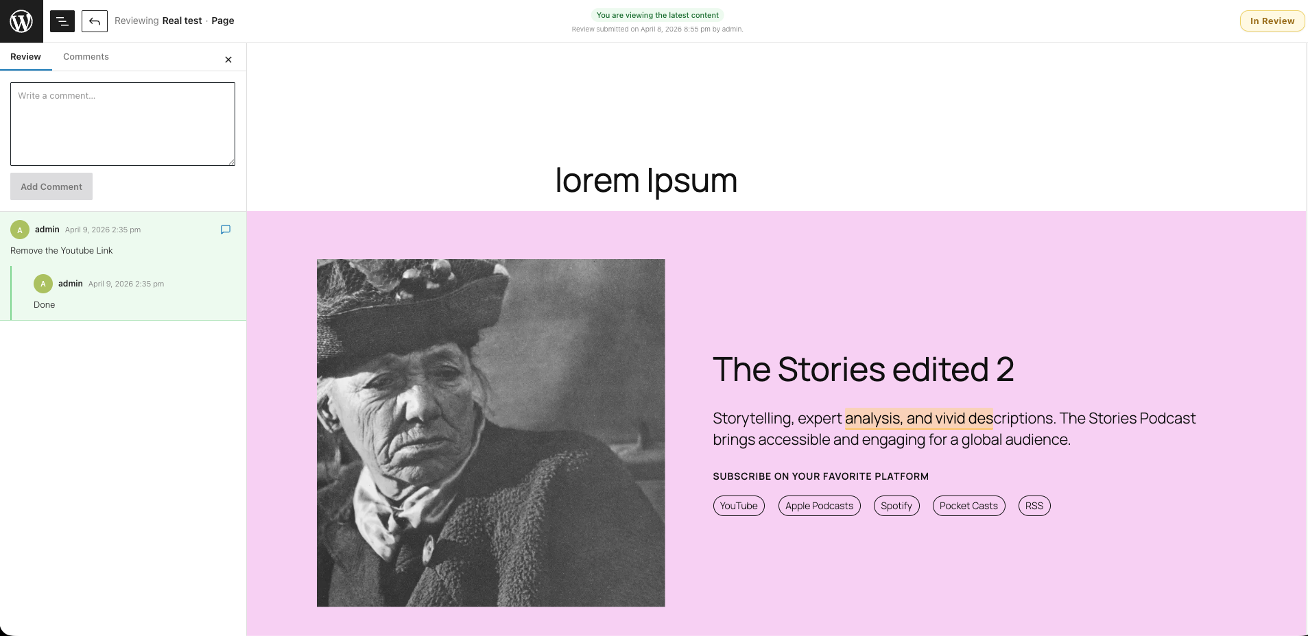 Review page with general comments and threaded replies.