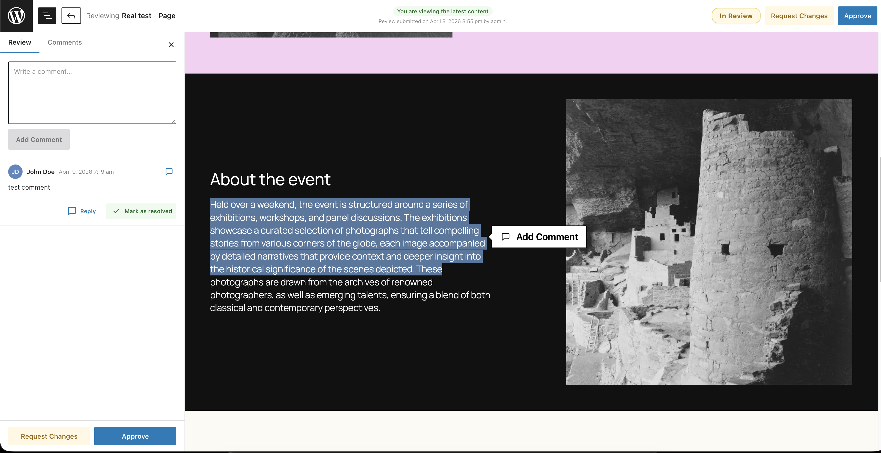 Highlighted content with contextual feedback on the review page.