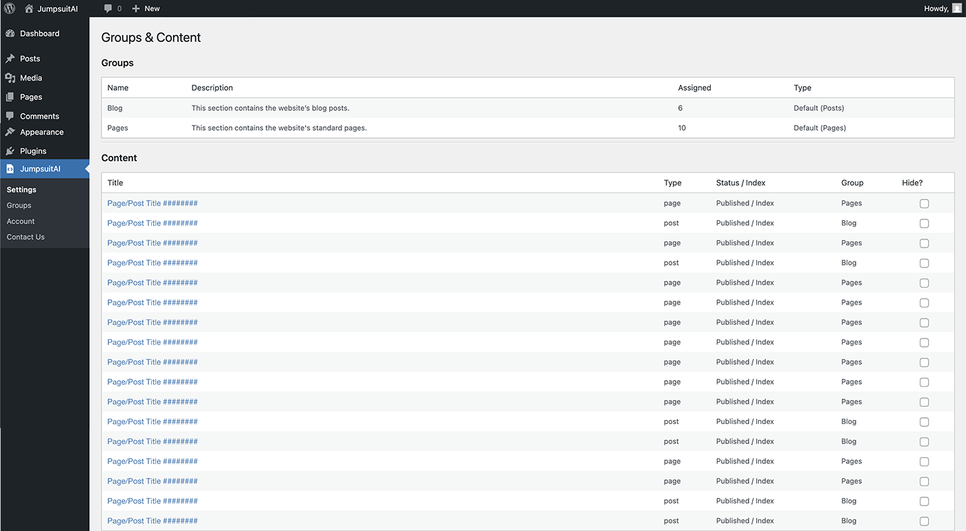 Groups & Content screen (free) showing default grouping and visibility controls.