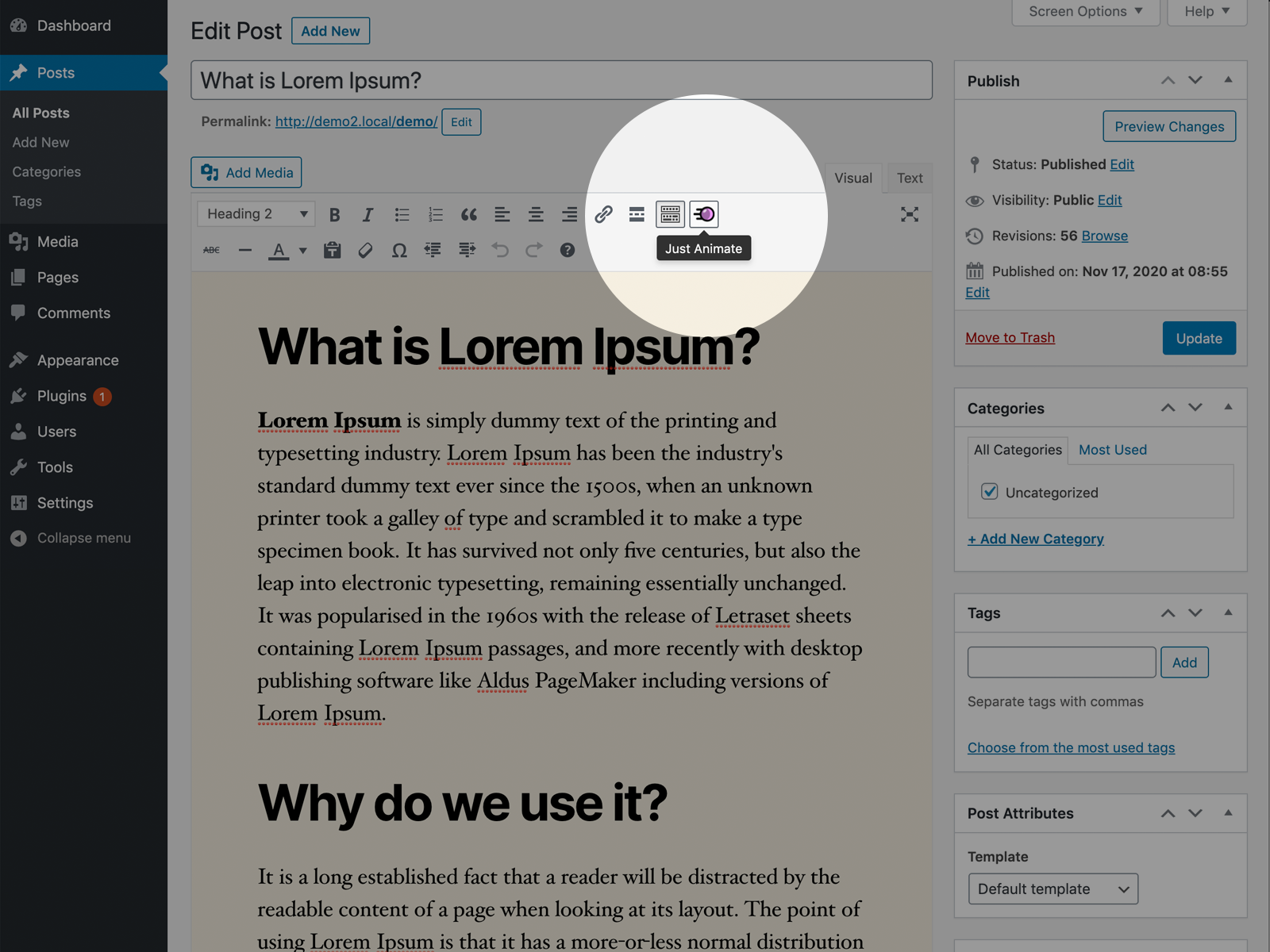 Just Animate icon in WordPress classic editor.