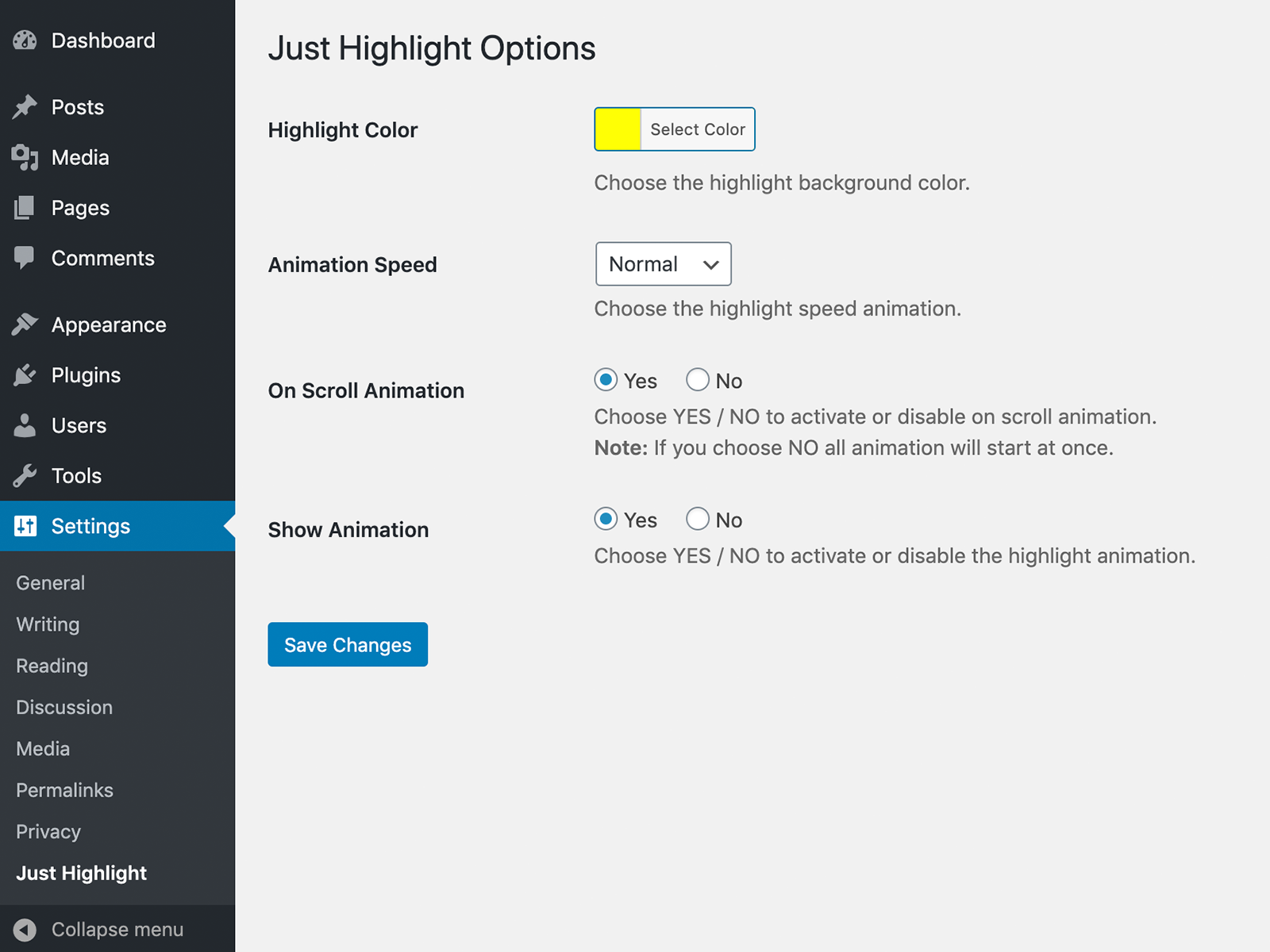 Just Highlight setting page.