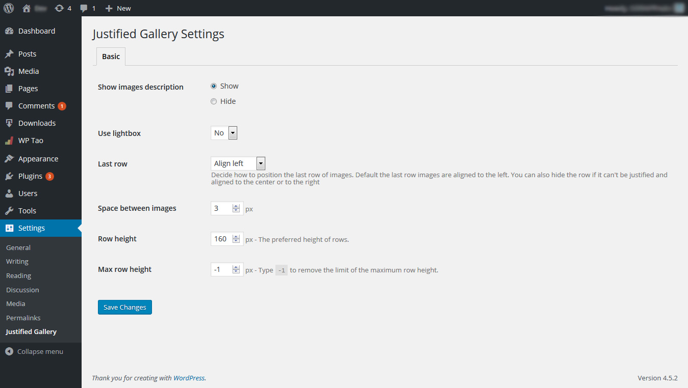 Settings page of Justified Gallery