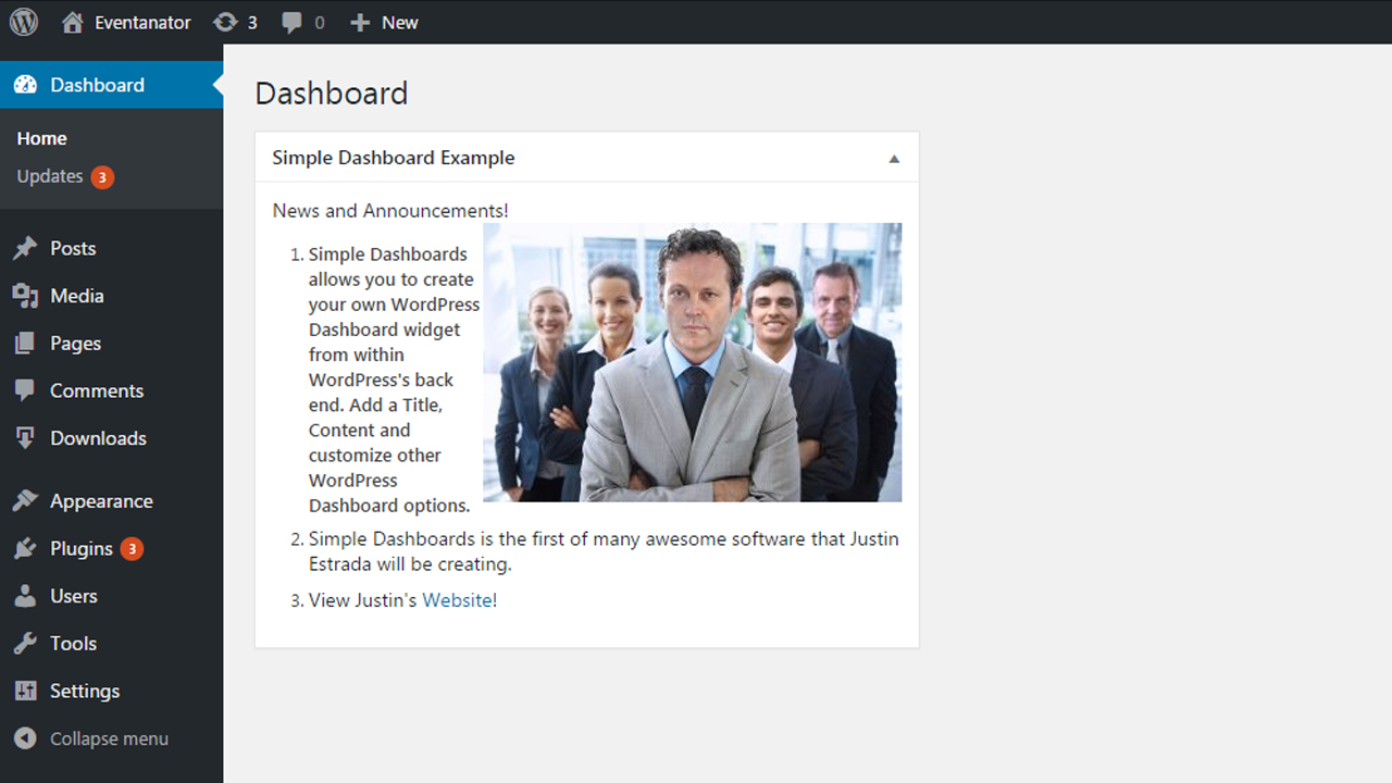 Back End Dashboard. http://justinestrada.com/wordpress-plugins/simple-dashboard/img/screenshots/back-end-dashboard.jpg