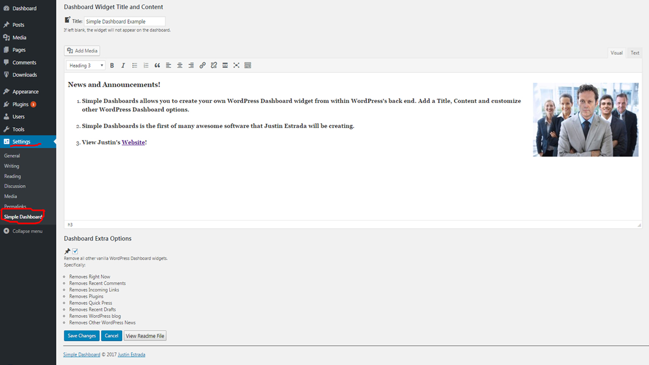 Back End Dashboard. http://justinestrada.com/wordpress-plugins/simple-dashboard/img/screenshots/back-end-settings.jpg