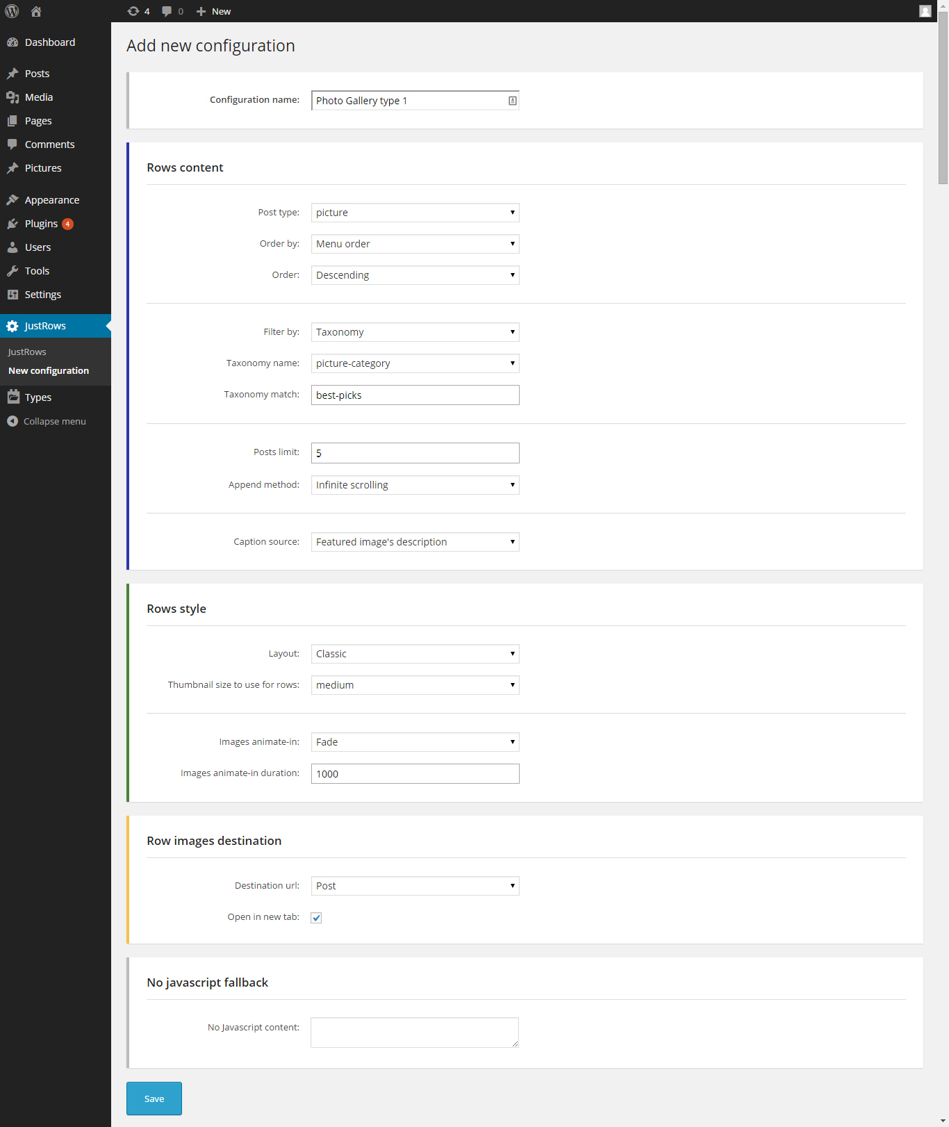 Editing a gallery configuration with JustRows.