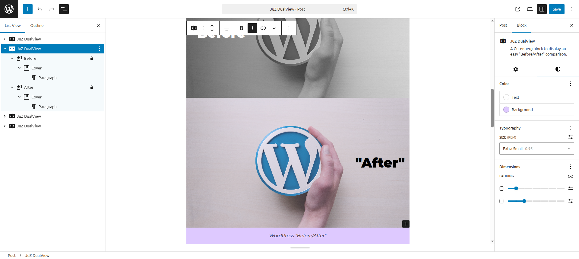 Block settings panel with customization options