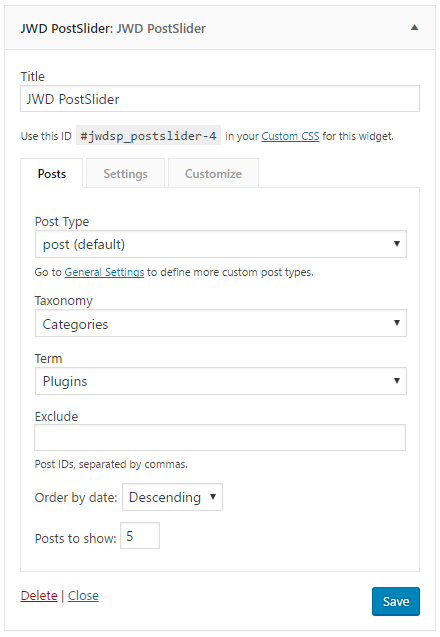 Setup Widget - Posts: Define source and other settings.
