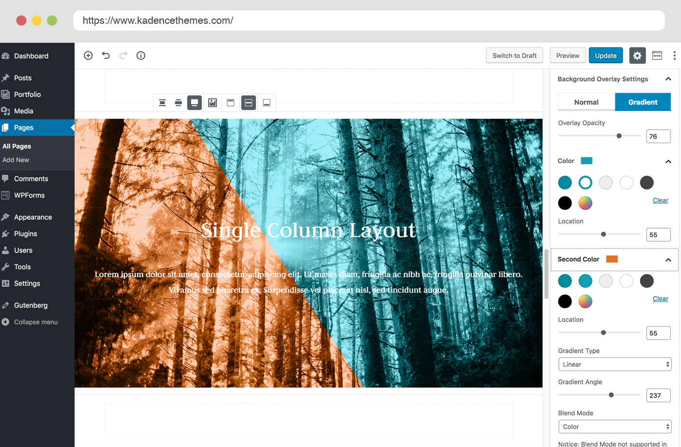 Example single column Row Layout with gradient Background overlay