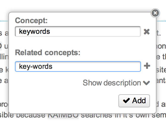 If a concept (like semantic search) is also (part of) a link, a menu alows you to choose while editing your page ...