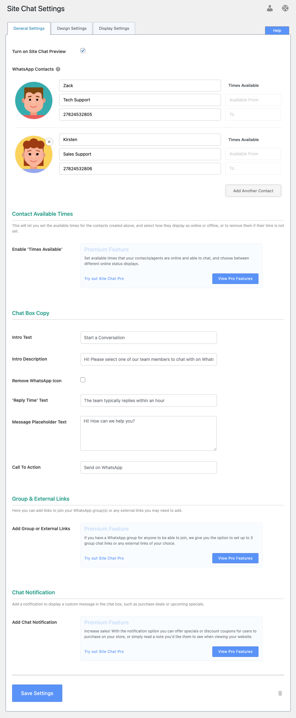 **General Settings** - Set up Site Chat contacts and other settings.
