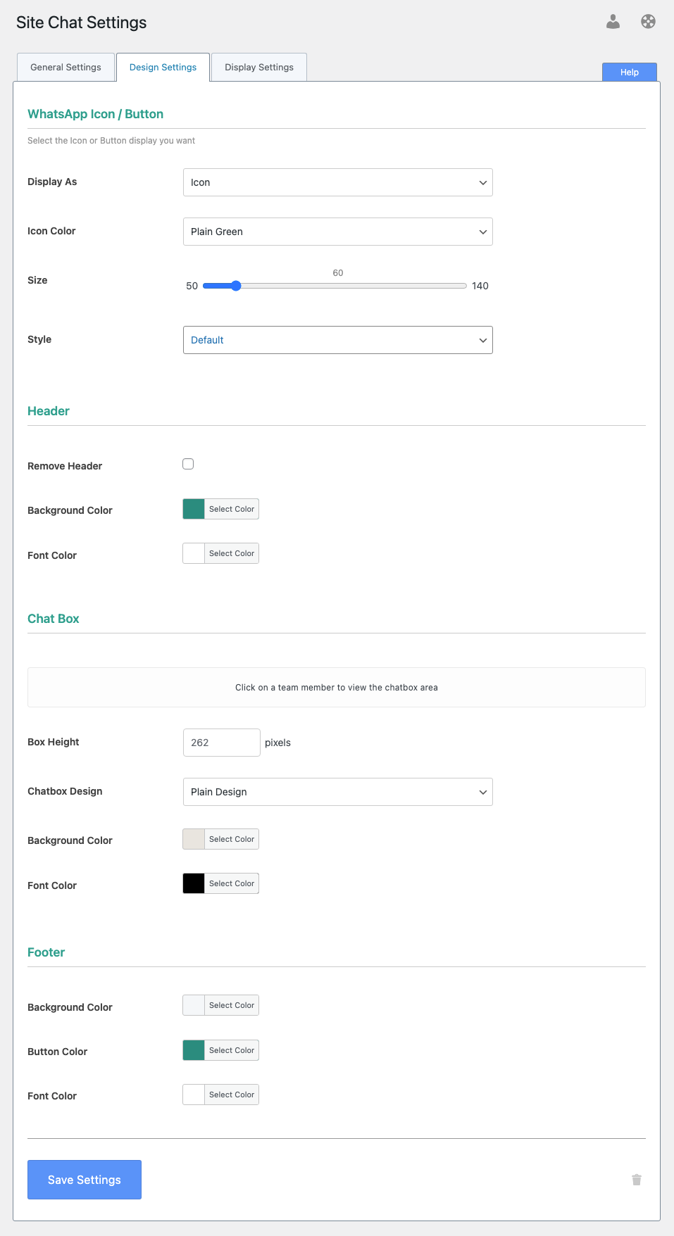 **Design Settings** - Change the colors and design of Site Chat.