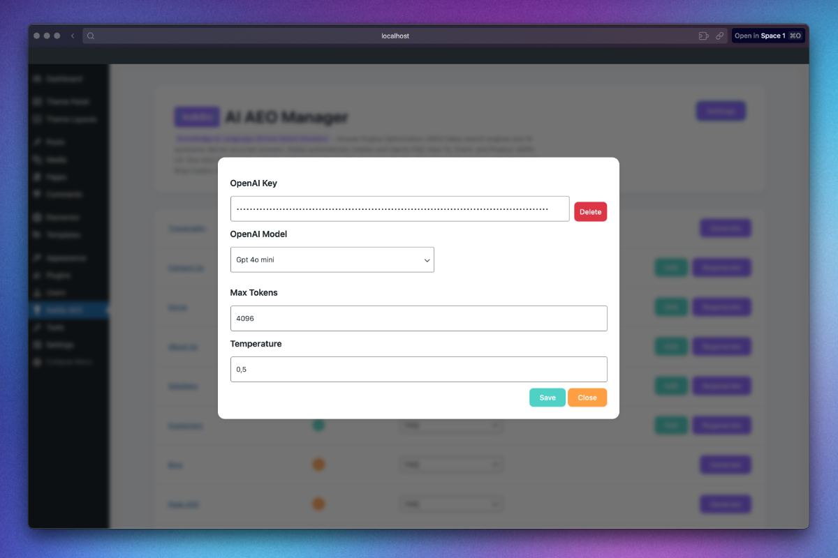 **OpenAI Settings Popup** – API key, model selector, temperature & tokens.