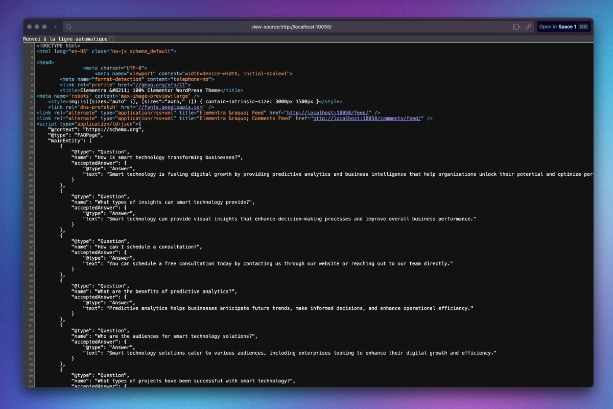 **Injected JSON-LD Example** – `<script type="application/ld+json">` visible in the page head (via browser dev tools).