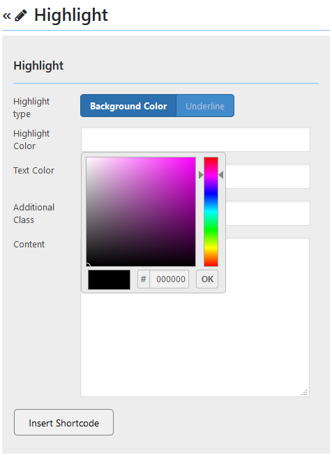 Highlight shortcode generator with colorpicker