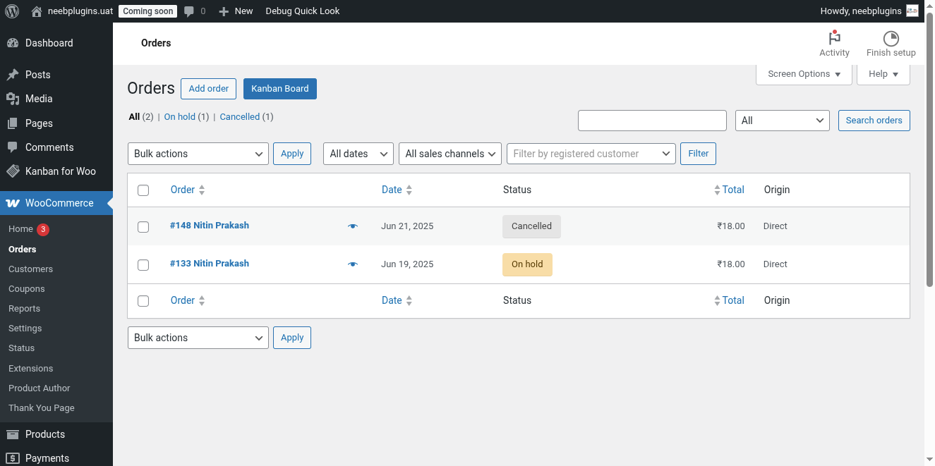 Kanban Board button on WooCommerce Order list.
