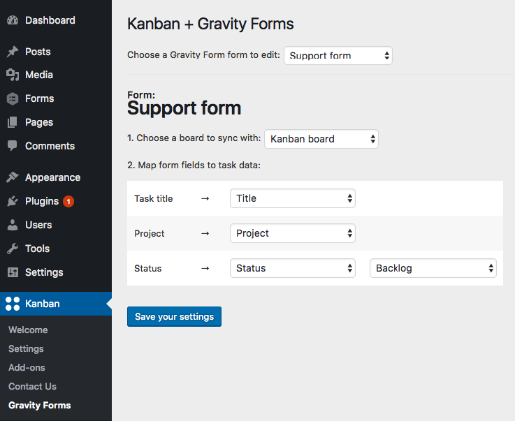 The admin screen for mapping form fields to task data