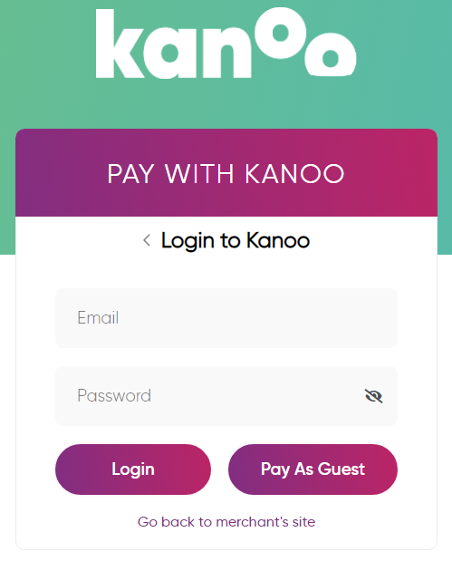 Consumers will be redirected to this screen when clicked on the Place Order button with the Kanoo payment gateway. Either checkout as a guest with the credit card or log in with a Kanoo registered account.