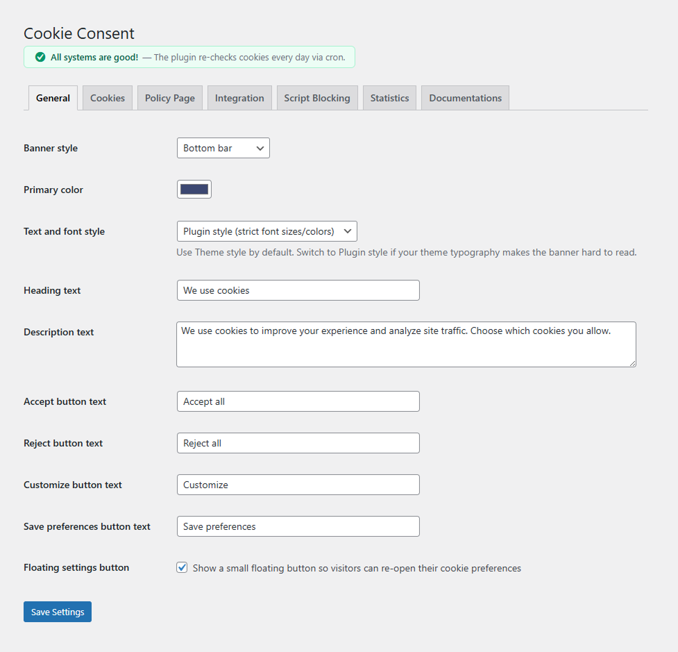 General settings — customize banner style, colors, typography, and button texts