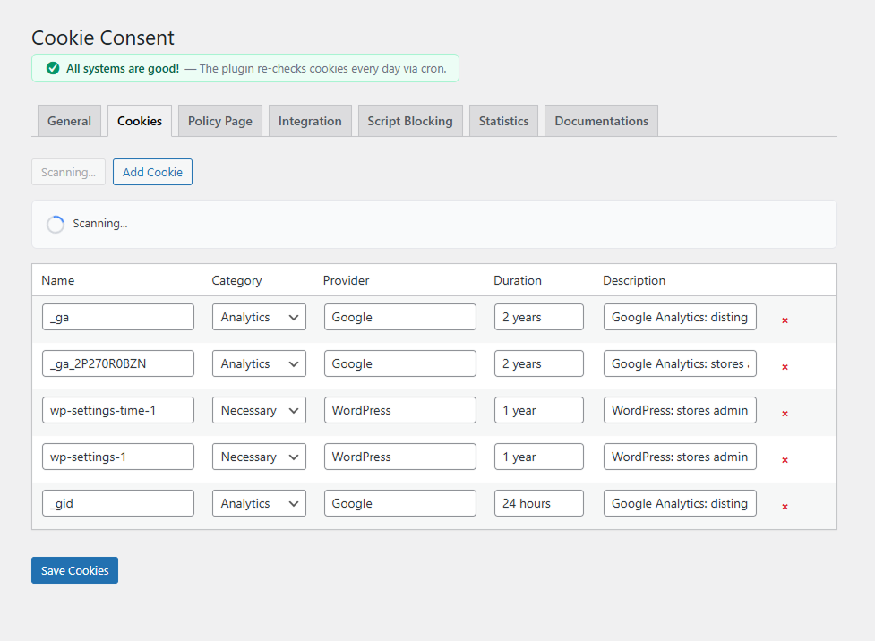 Cookies tab — scan your site, auto-detect cookies, and use AI to generate descriptions