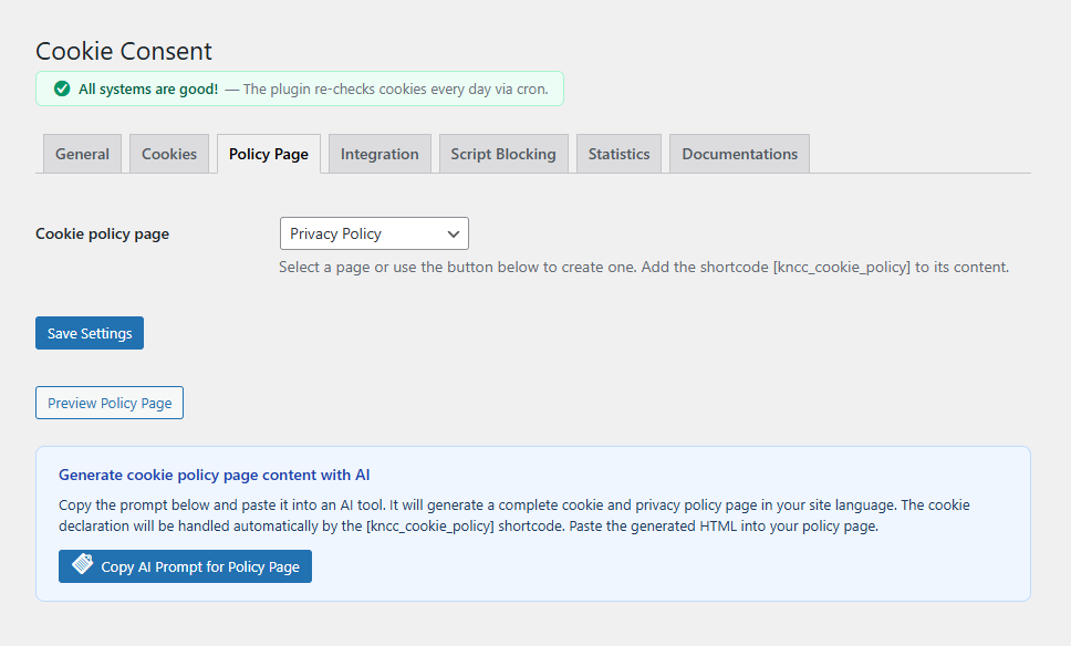 Policy Page tab — select your policy page and generate a complete privacy policy with one AI prompt