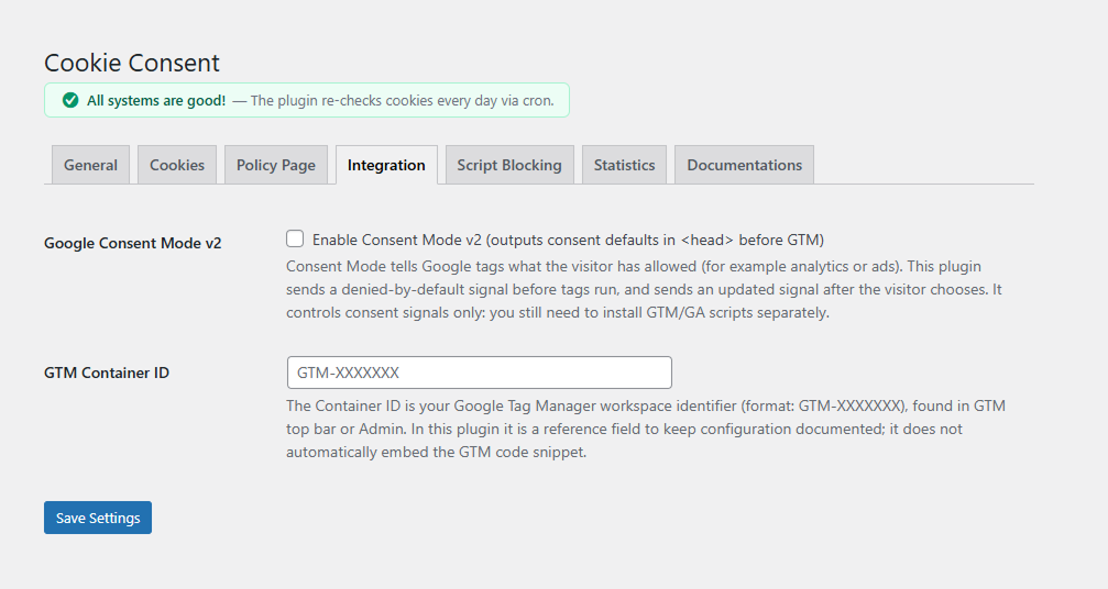 Integration tab — Google Consent Mode v2 and Site Kit / WP Consent API status