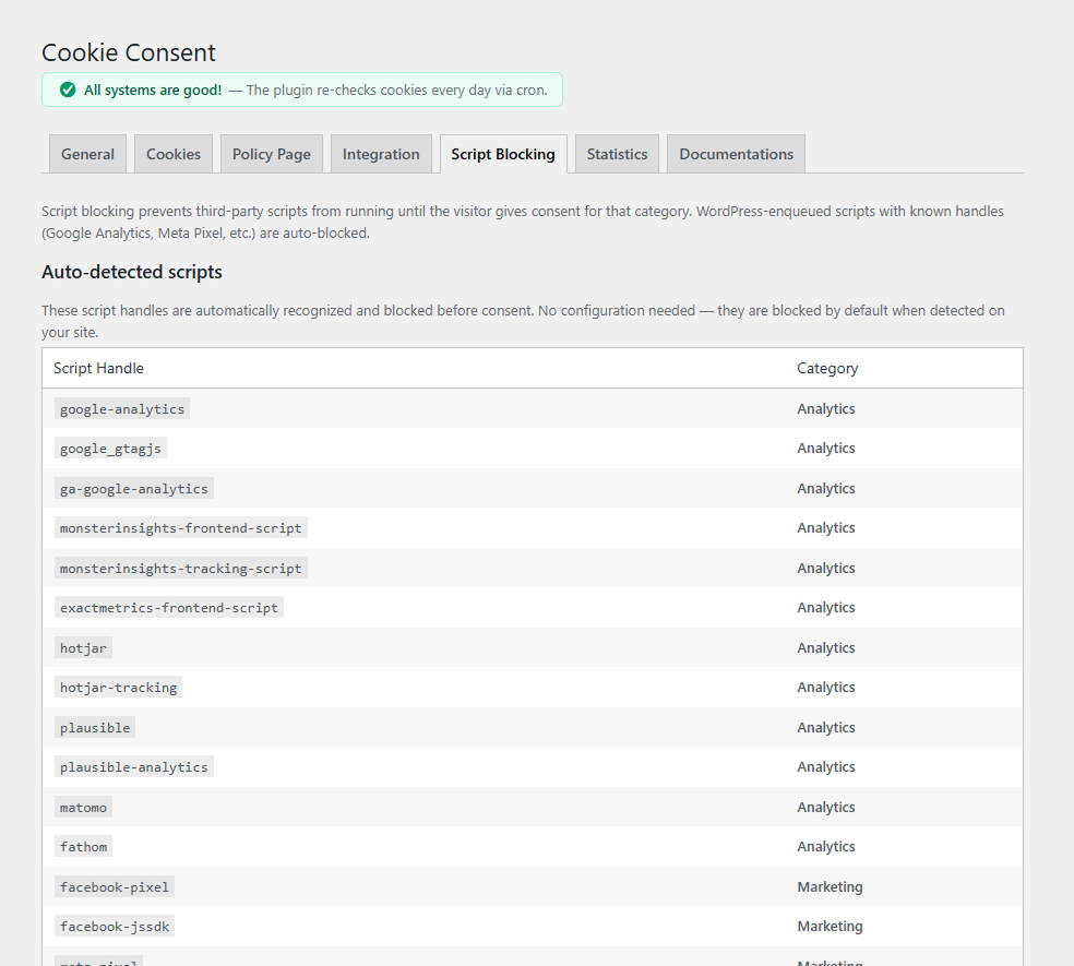 Script Blocking tab — auto-detected third-party scripts blocked before consent
