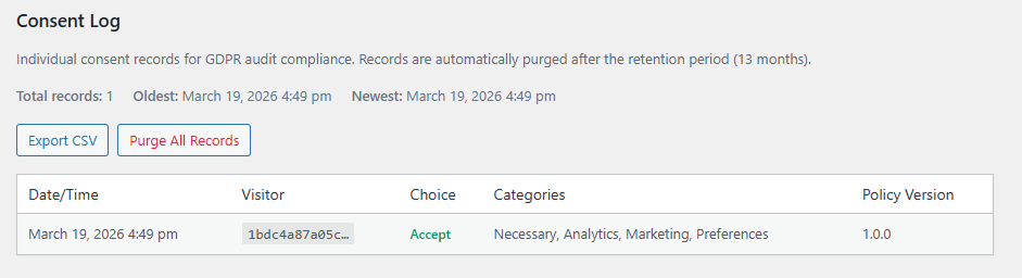 Consent Log — anonymized per-visitor audit trail with CSV export