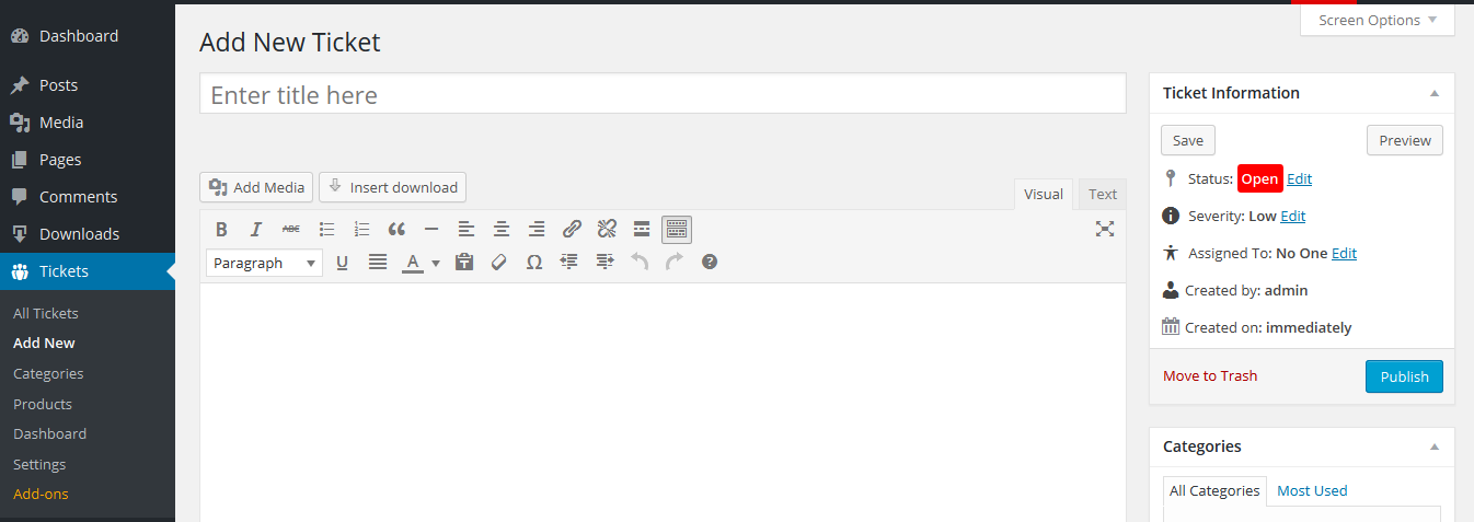 Creation of a new ticket from the back-end