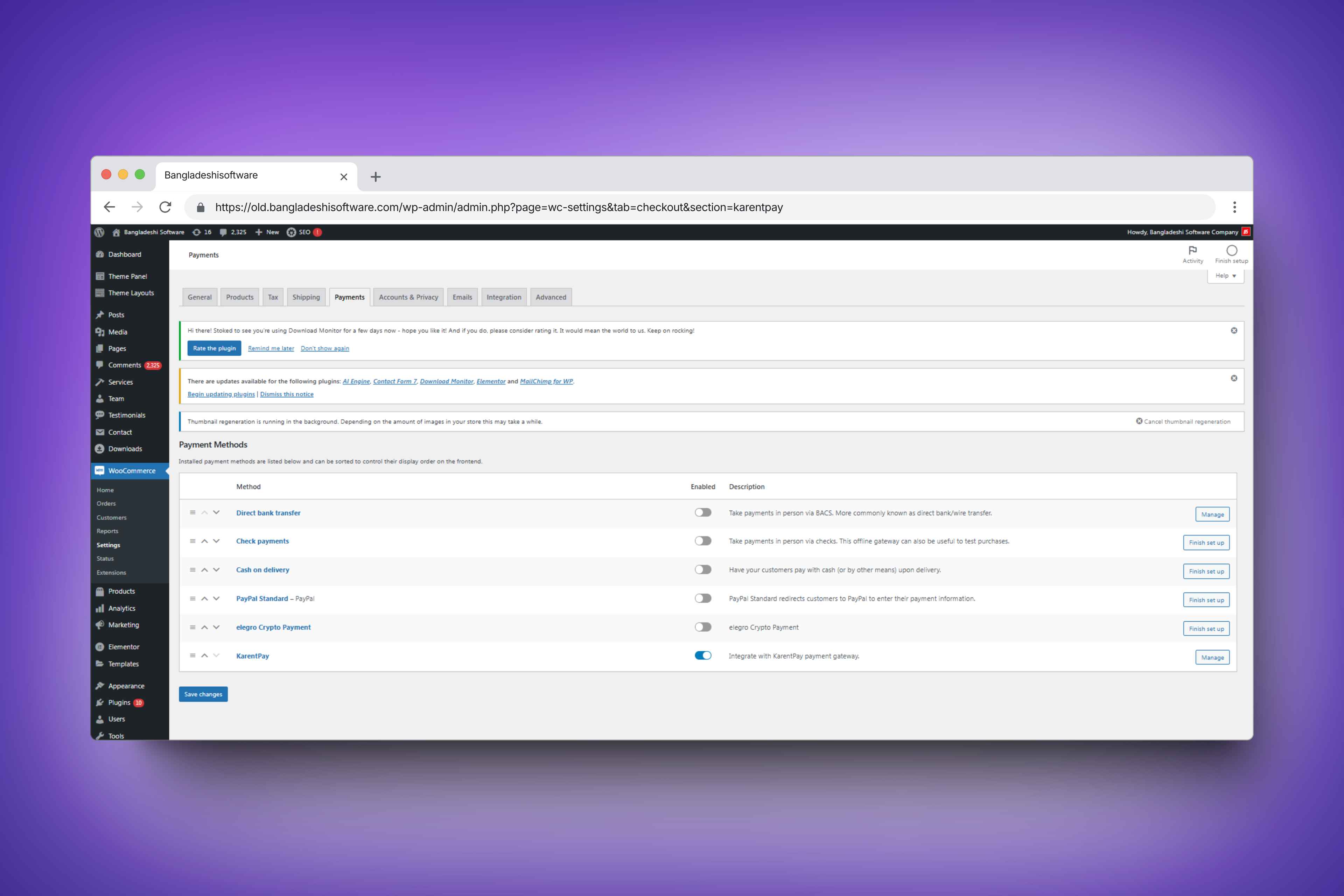 Settings Page for Configuring Karentpay in WooCommerce.