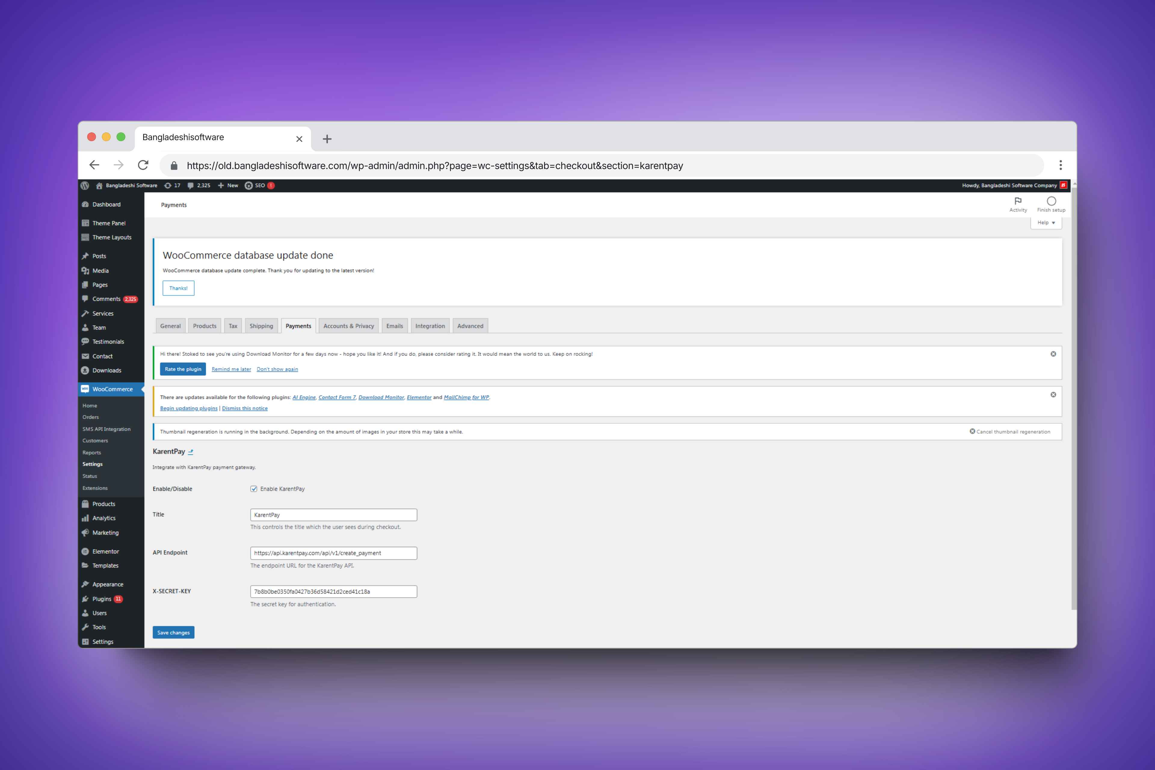 Karentpay API Secret Key Configuration.