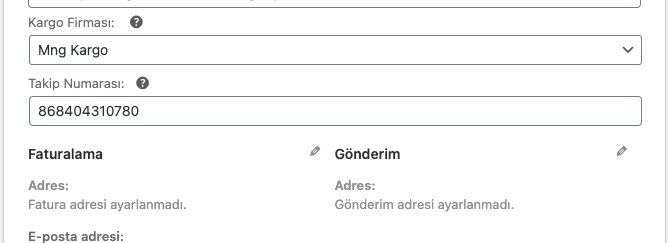 Woocomerce Sipariş içi takip ekleme görünümü