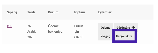 Siparişler sayfası görünümü