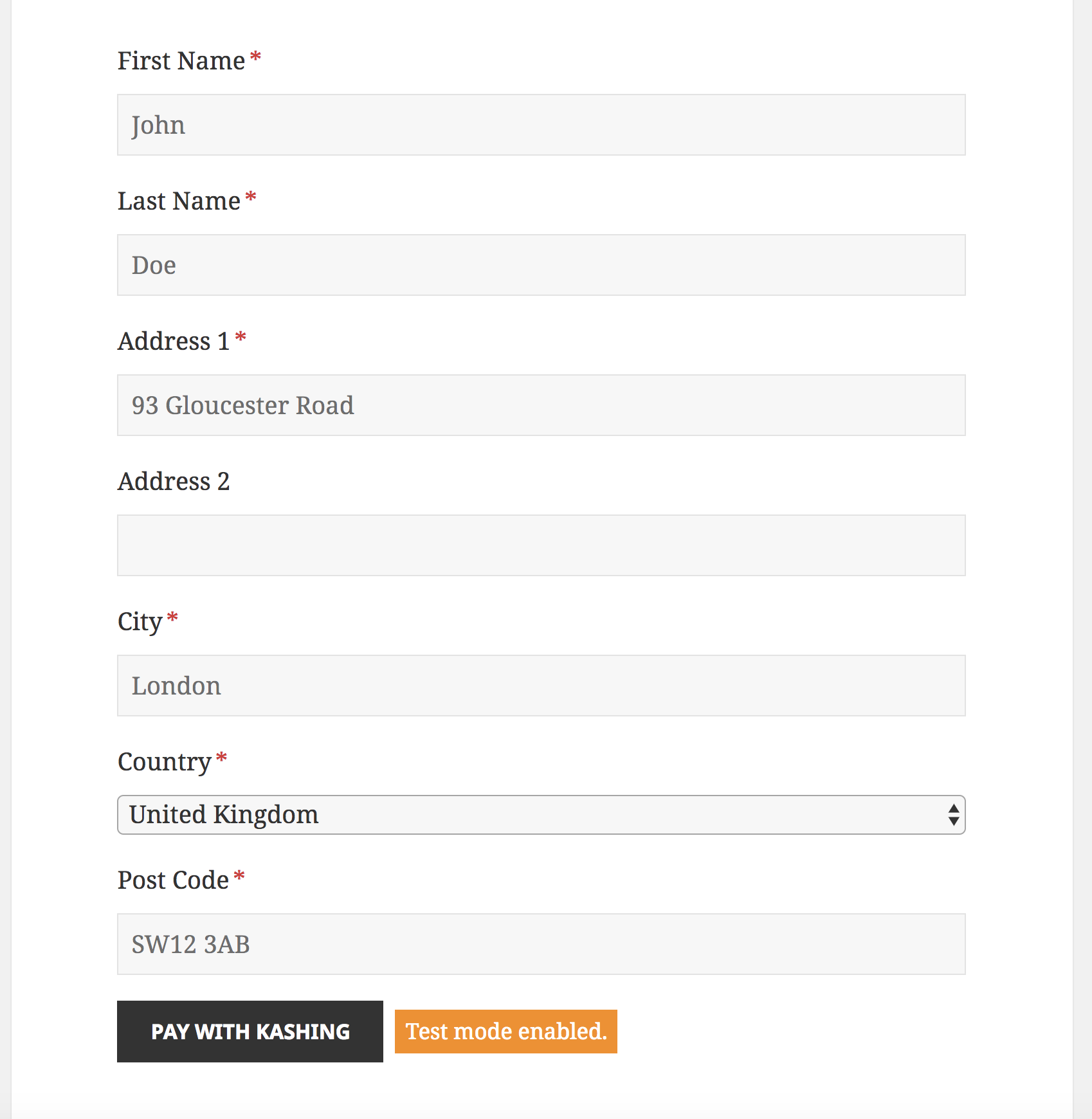 Payment Form view on a website frontend. Form styling is inherited from the theme currently in use (here Twenty Fifteen theme).