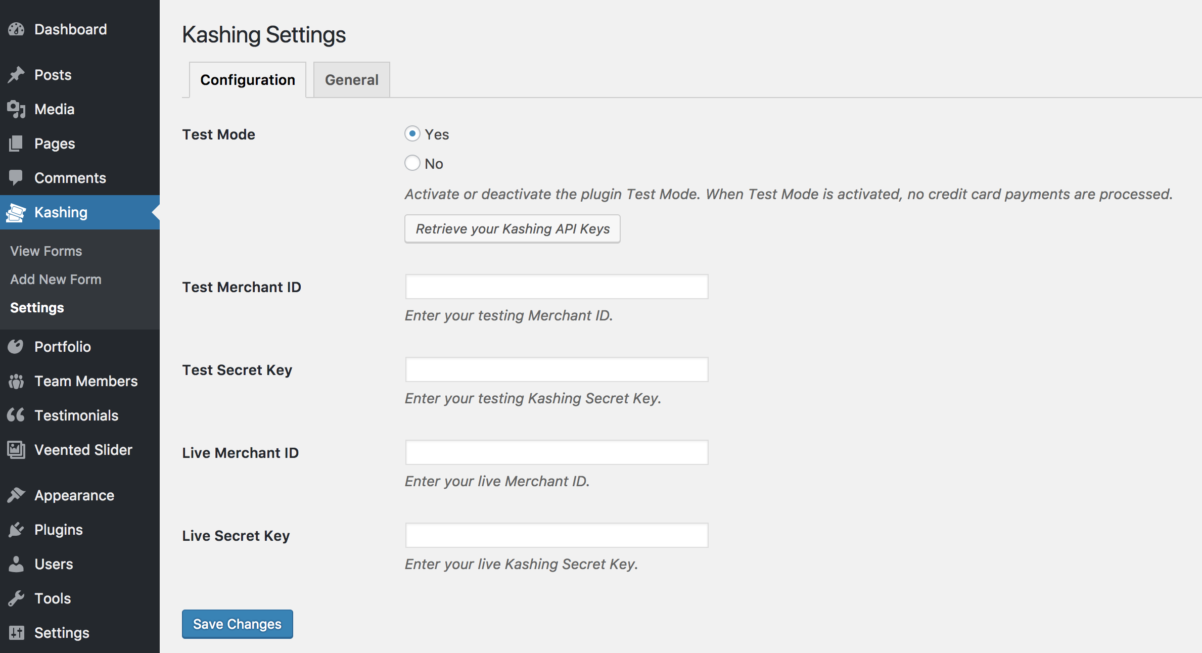 Kashing plugin configuration page.