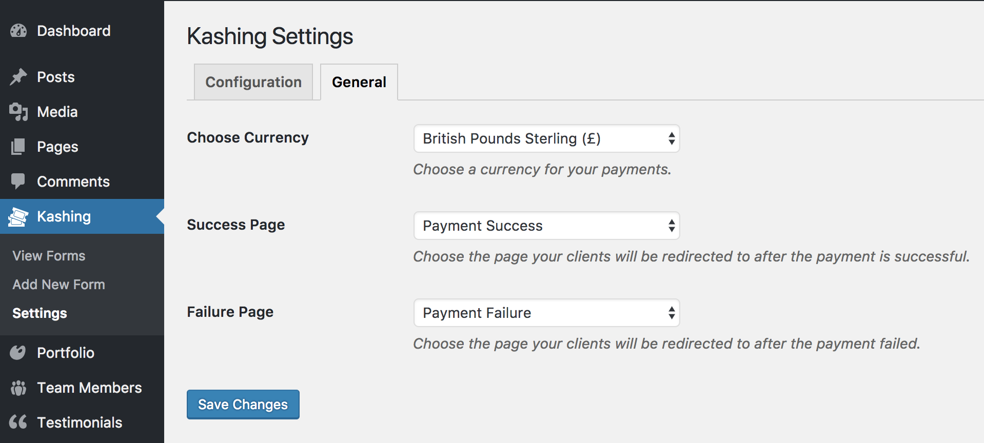 Kashing plugin general settings page.