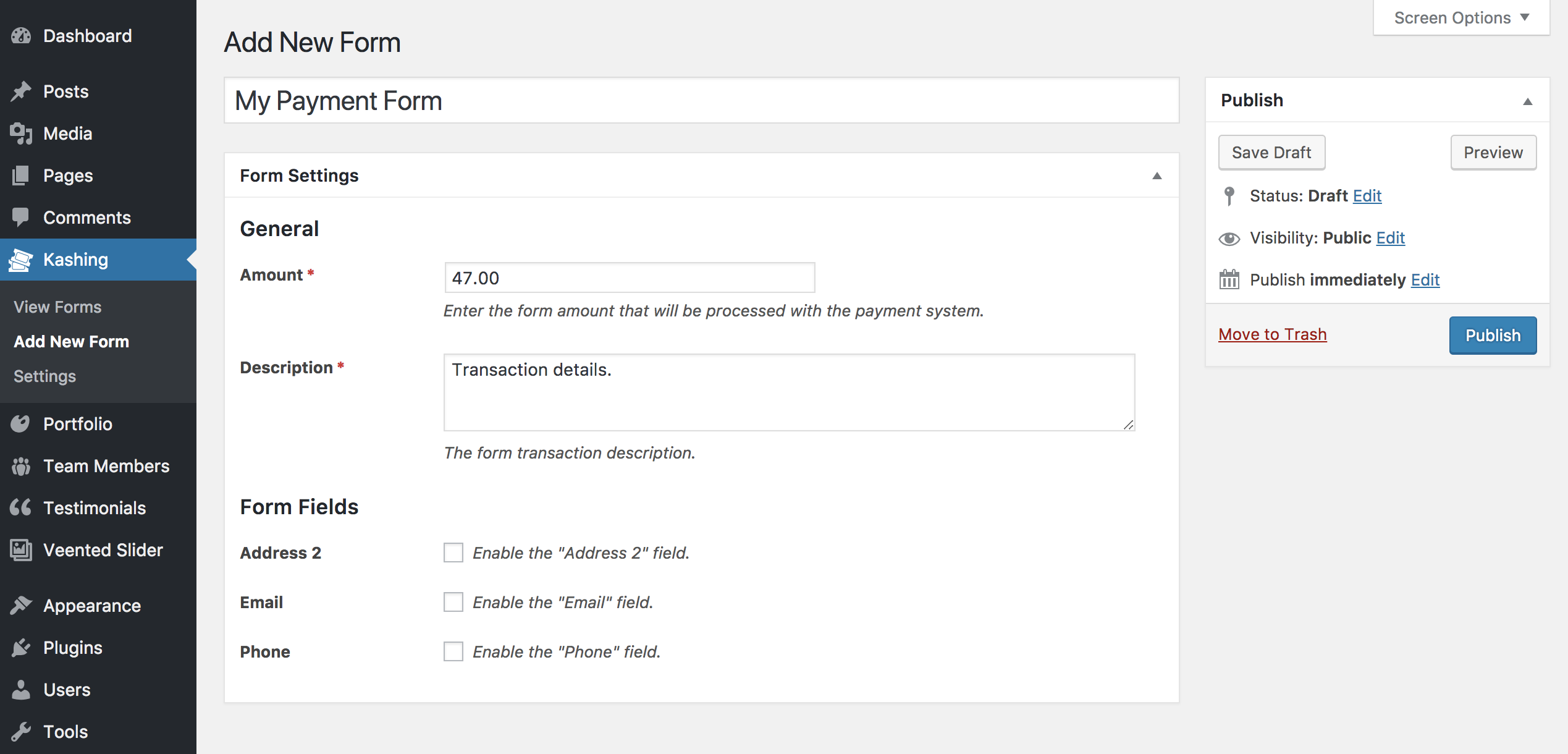 Payment form creation page.
