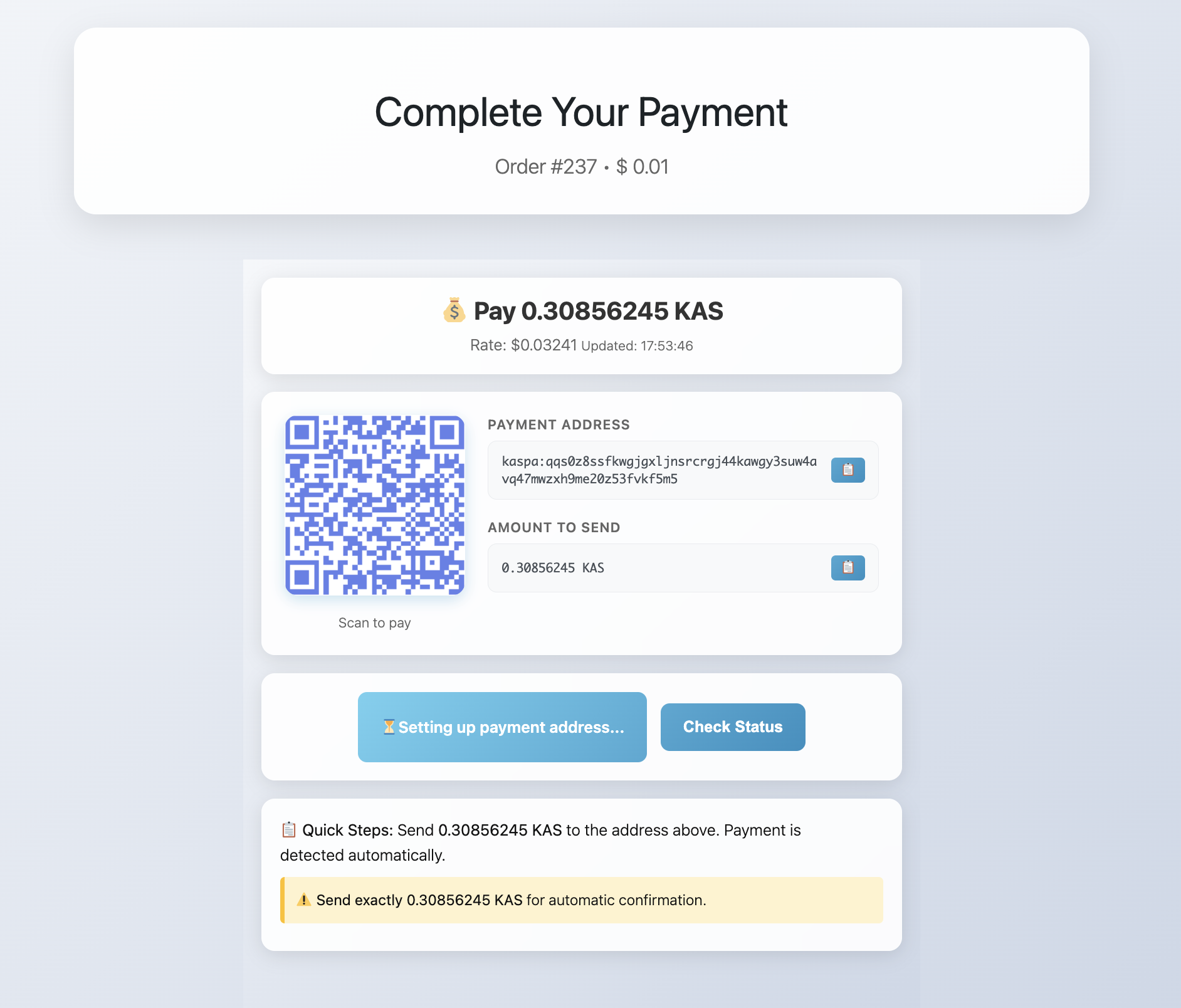 Customer payment page with QR code, address, and amount to send