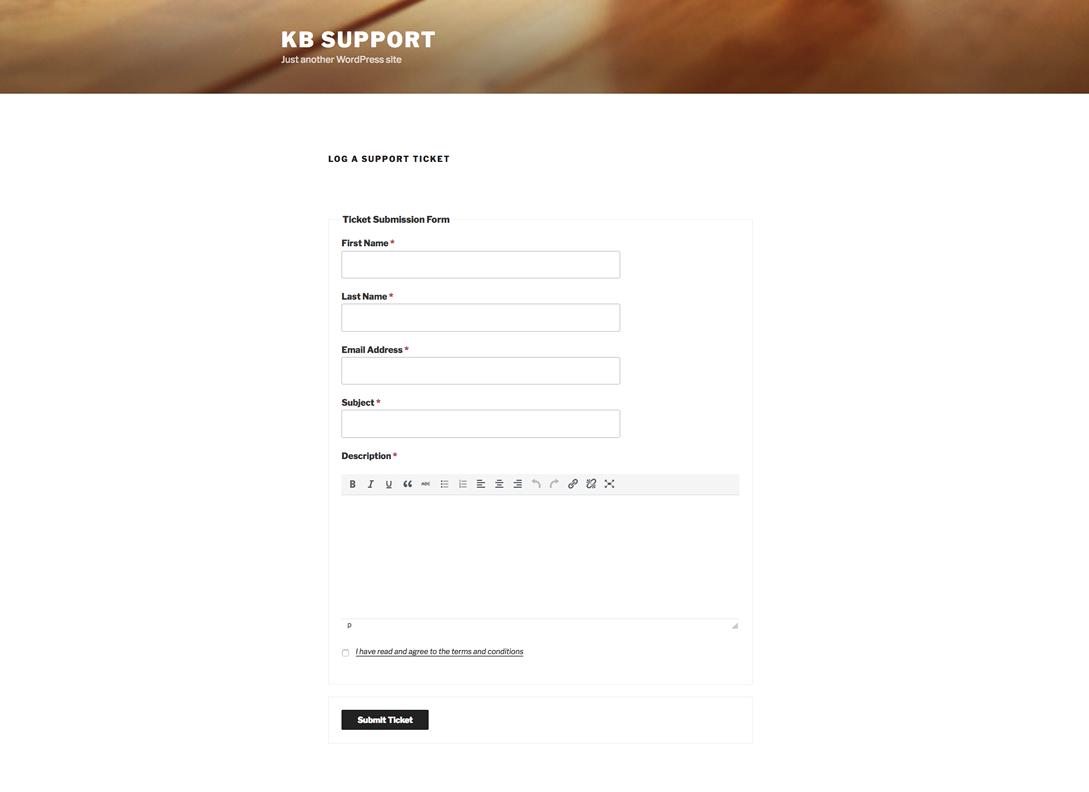 What the default submission form might look like on your website when your customers log a support ticket. Theme in image is Twenty Seventeen