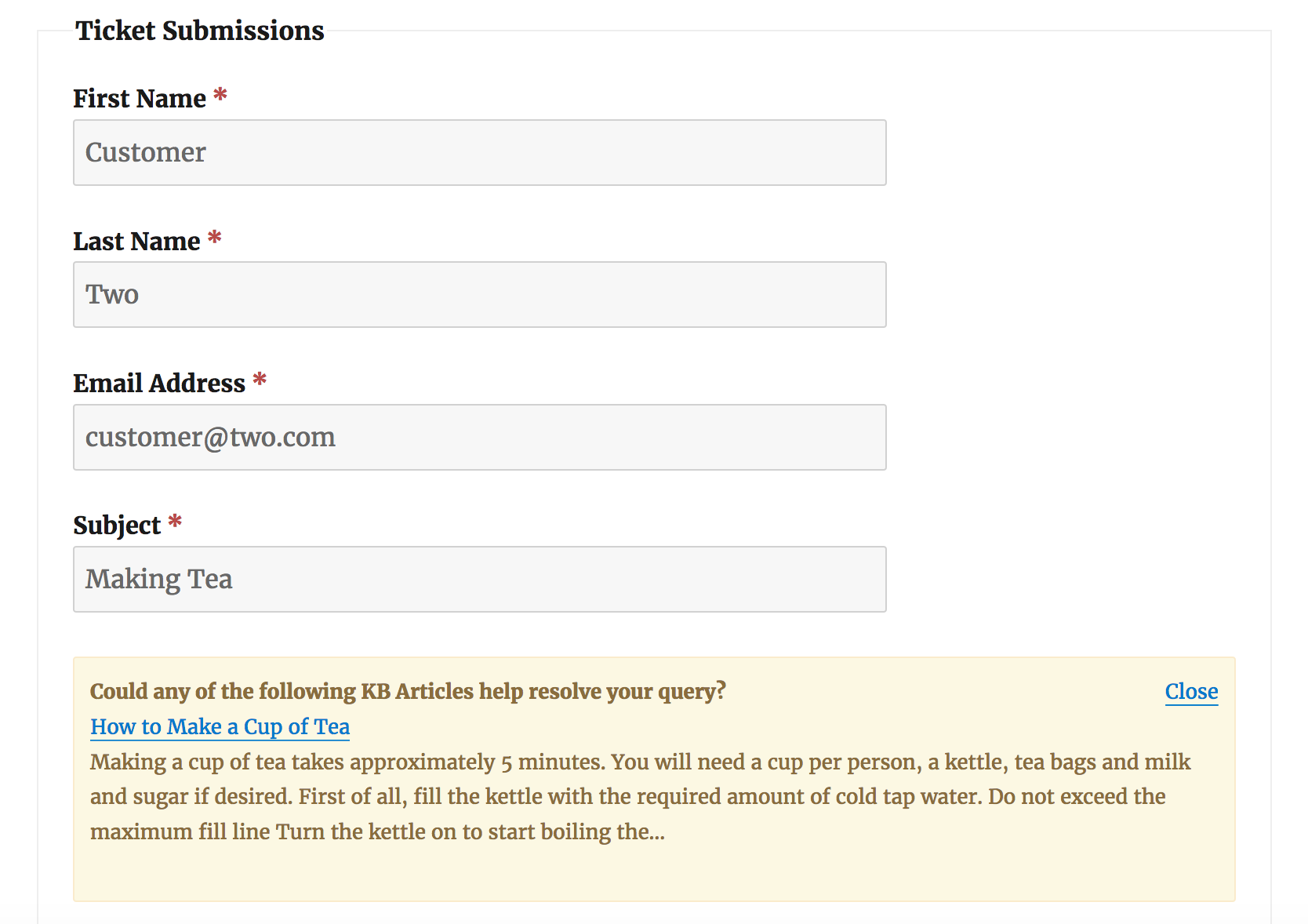 Suggested KB Article to resolve a ticket that a customer is in the process of submitted