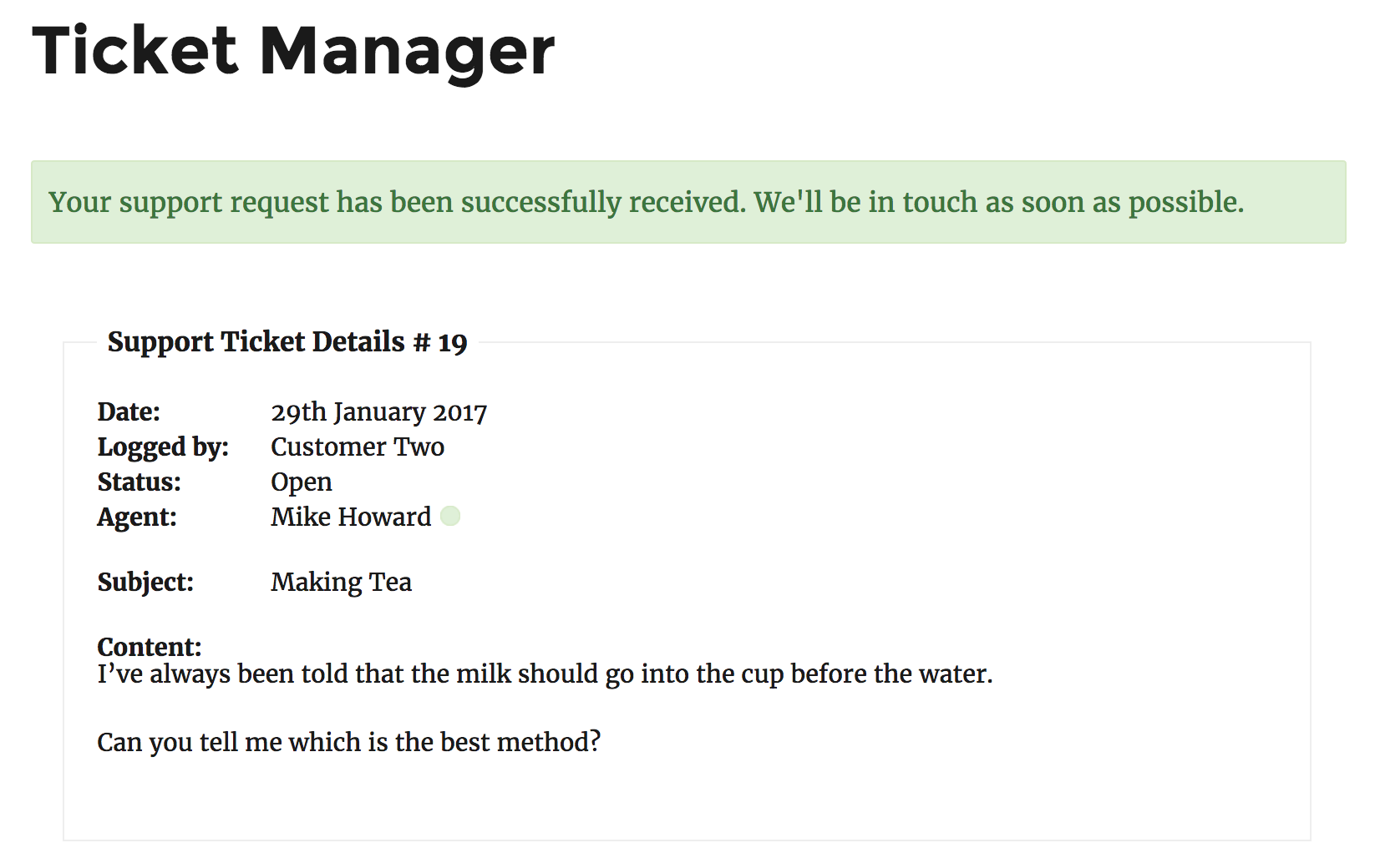 The ticket overview screen a customer see's once their submission is completed