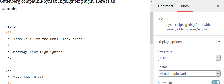 Kebo Code block in the Gutenberg editor.