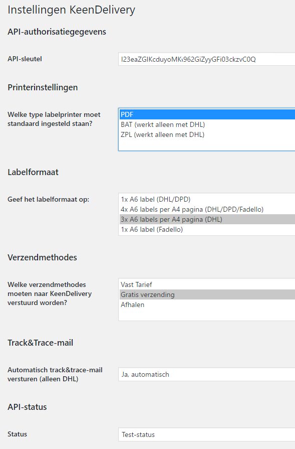 Instellingen KeenDelivery: vul de api-sleutel in en kies uw printinstellingen, vervoerders en status