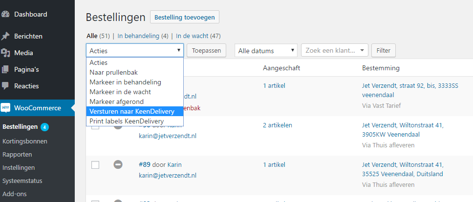 Verstuur uw zendingen vanuit het WooCommerce menu naar KeenDelivery