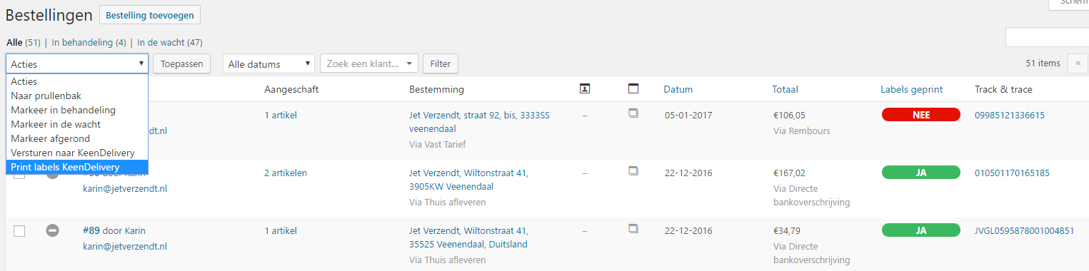 Print labels vanuit het WooCommerce menu met KeenDelivery