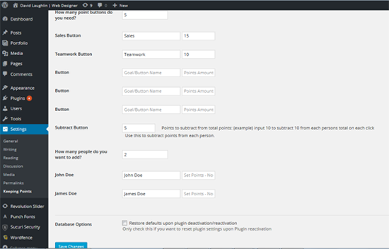 Plugin options screen