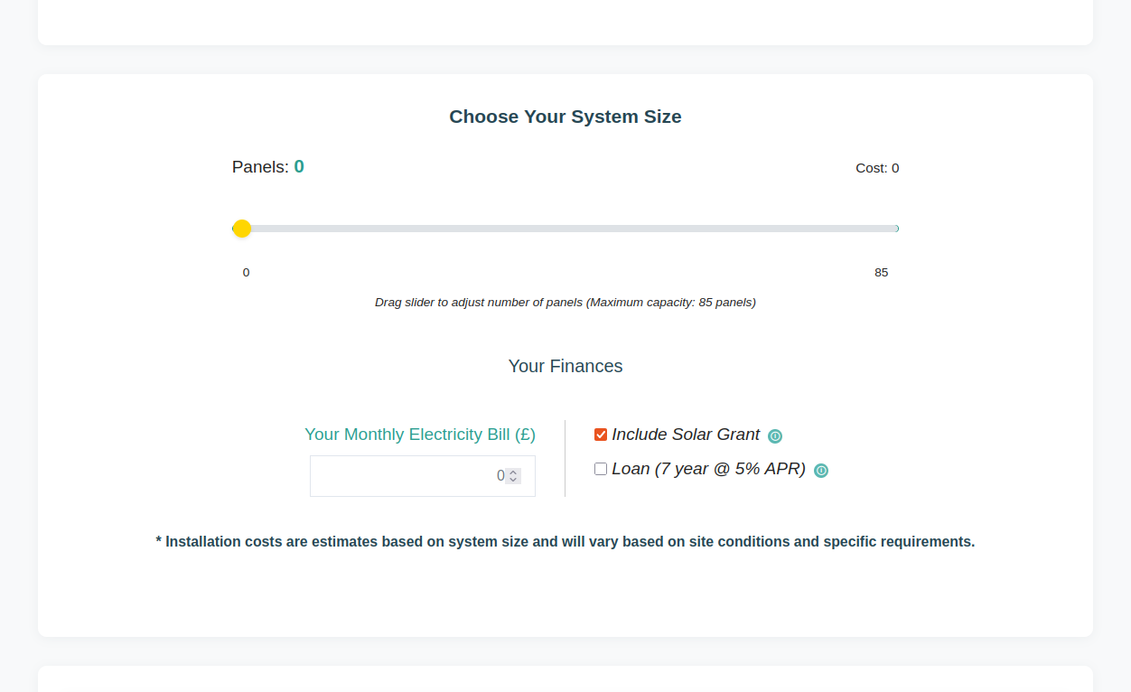 System size configuration with panel slider