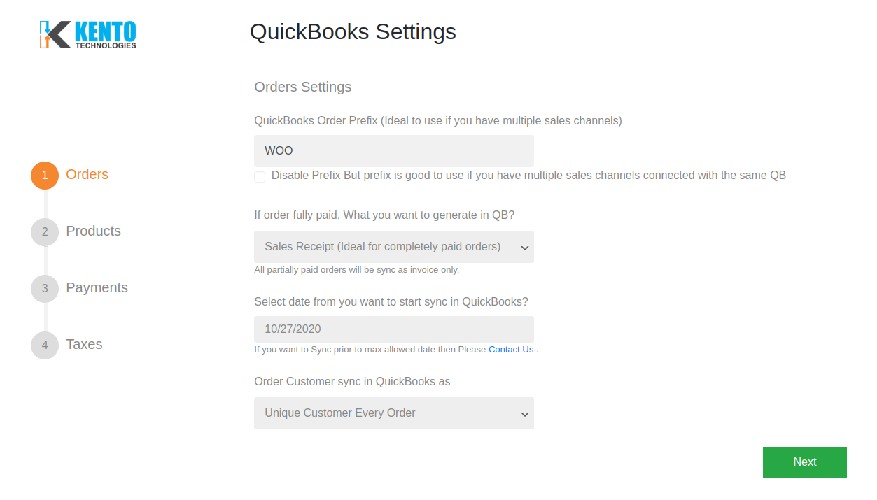 Order sync setting page